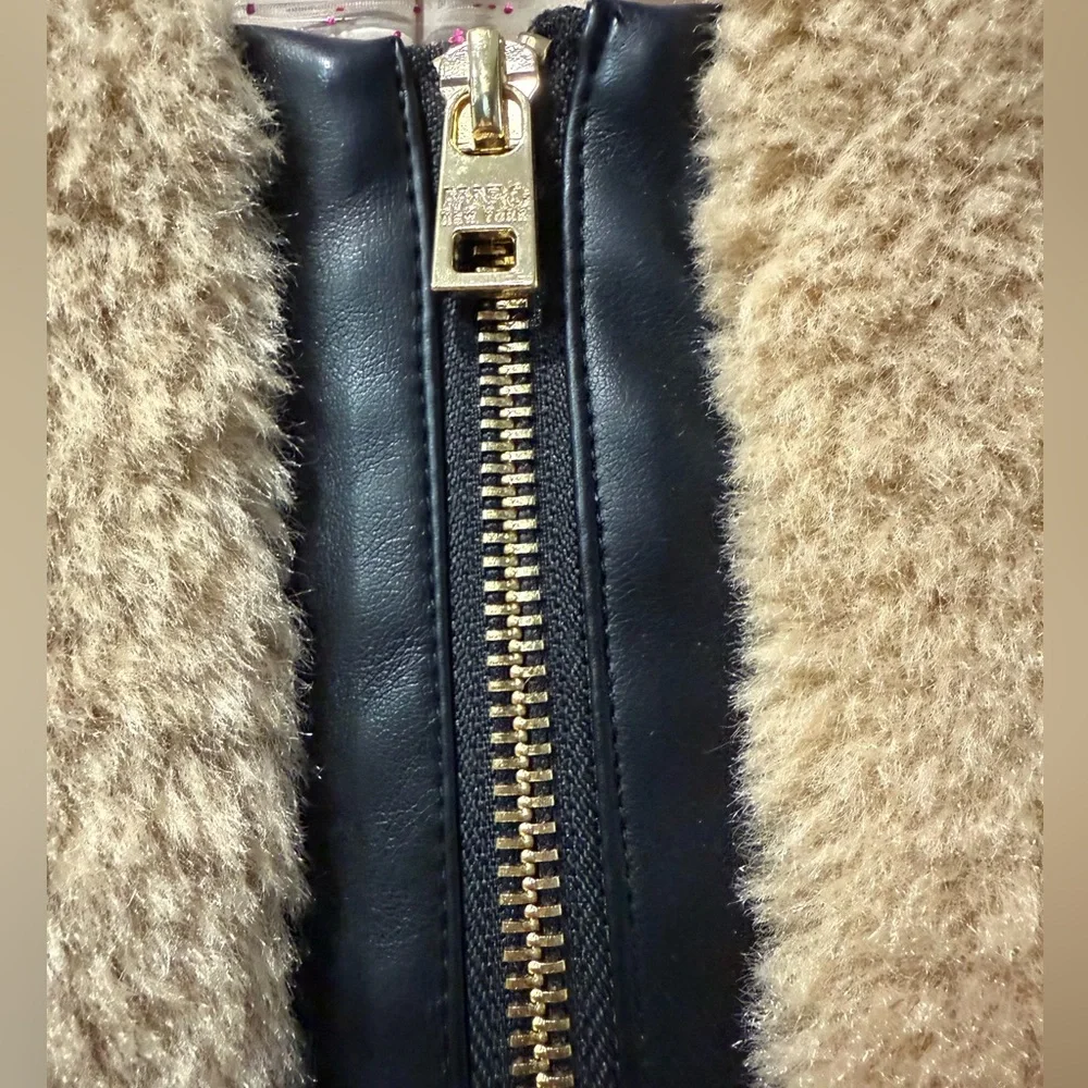 Marc New York Tan Fur / Teddy Jacket - Black Faux Leather Trim Coat‎ Size Large